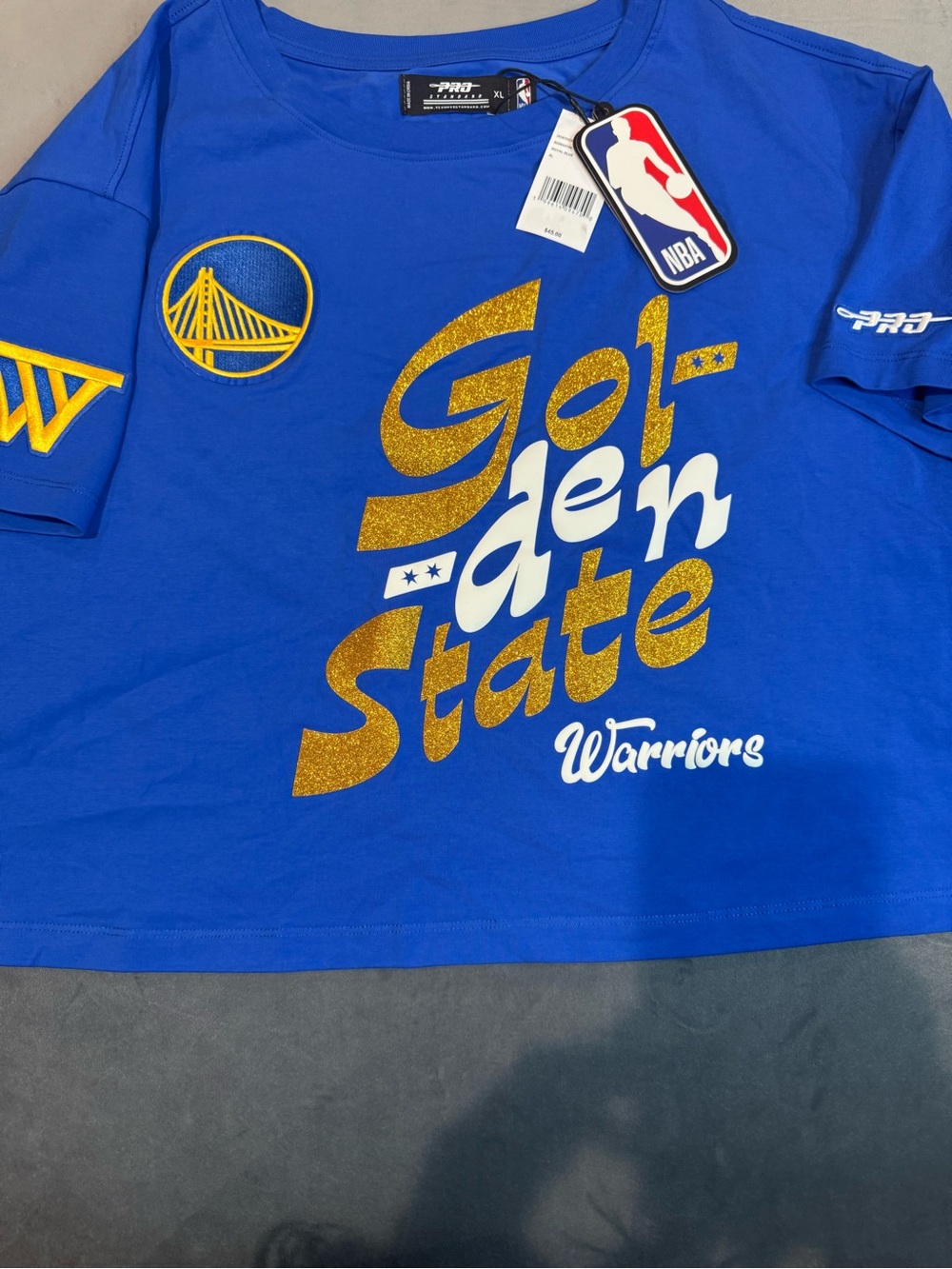 NBA Golden State Warriors Crop Tee in Blue with Gold Glitter